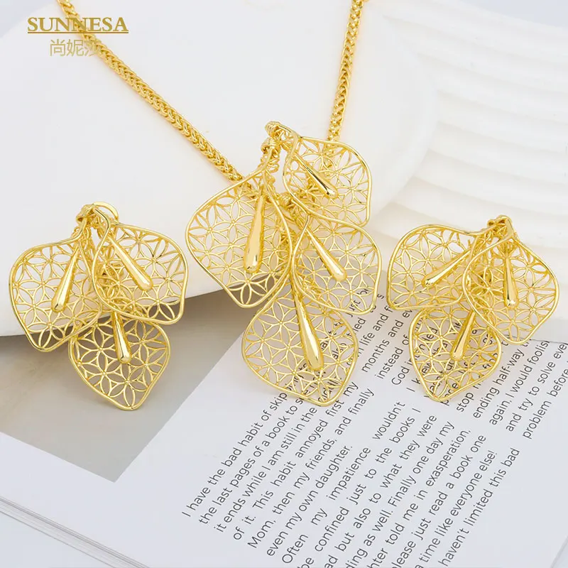 SUNNESA Design 18k Gold Plated Necklace Earrings Pendant Ring Bracelets African Trendy Luxury Dubai Jewelry Set For Women Party