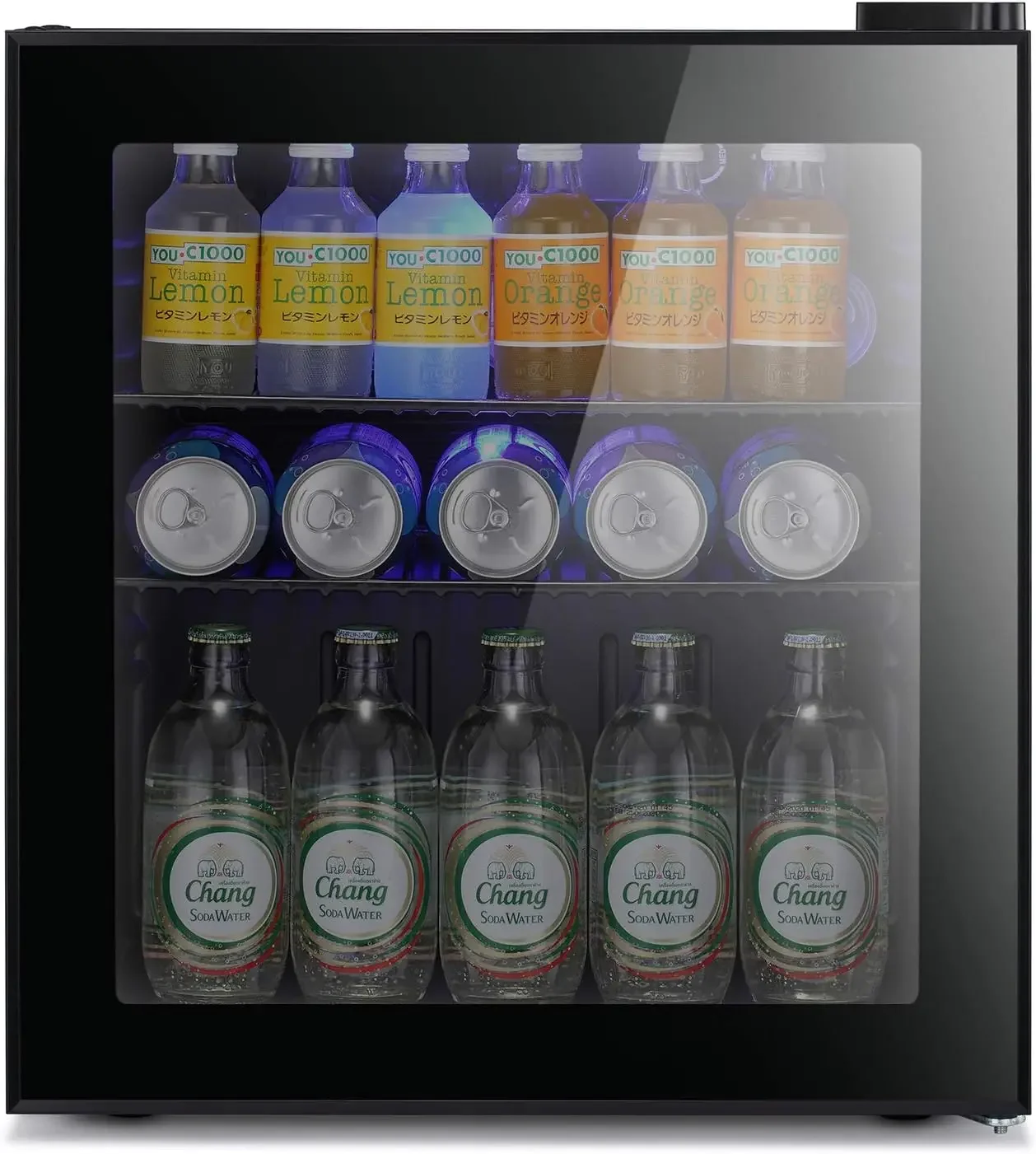 Mini Fridge Cooler - 70 Can Beverage Refrigerator Black Glass Door for Beer Soda or Wine, Small Drink Dispenser Machine Clear