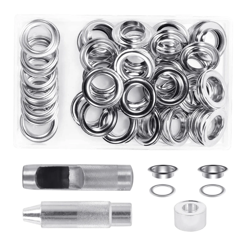 

N7MD 50 Sets Grommet Kits 20mm Sewing Eyelets Silver Color Metal Grommet Tool with Storage Box for Leathers Belt Cloth