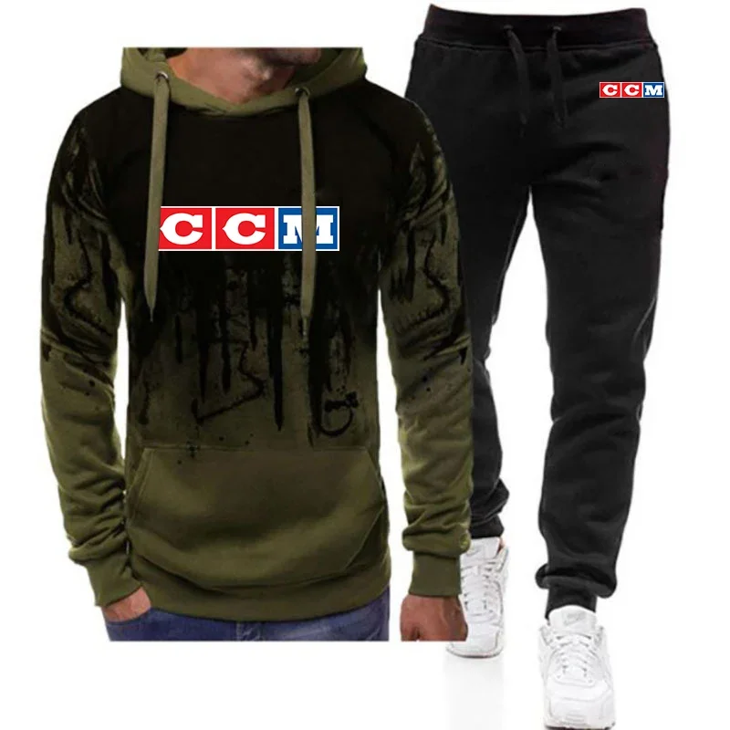 

2024 Spring Autumn Men's CCM Logo Print Sports High Quality Cotton Set Popular Hooded Sweatshirts+Casual Jogging Sweatpants Suit