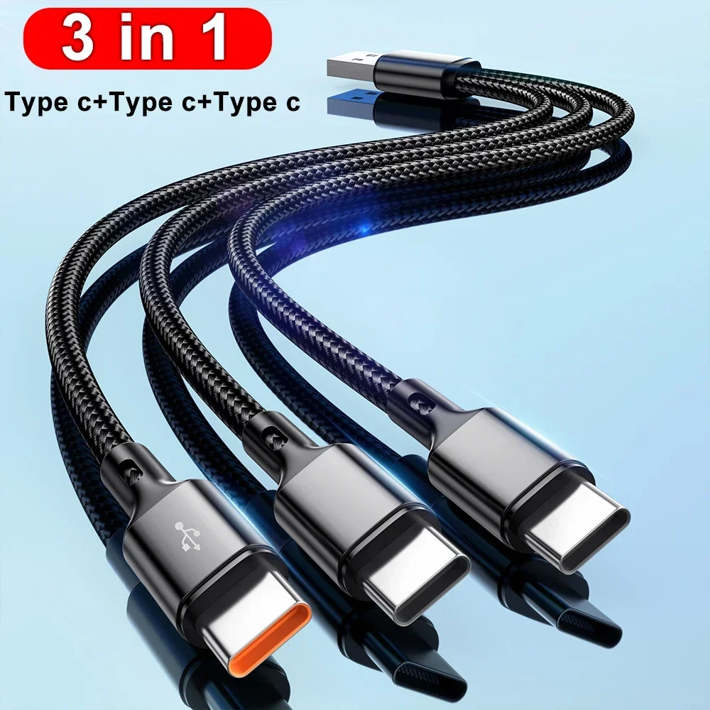 Cable de carga rápida 3 en 1 USB-A a 3 × tipo C 100W 6A para Samsung Galacy S24 S23 Xiaomi Redmi Huawei USB C transferencia de datos