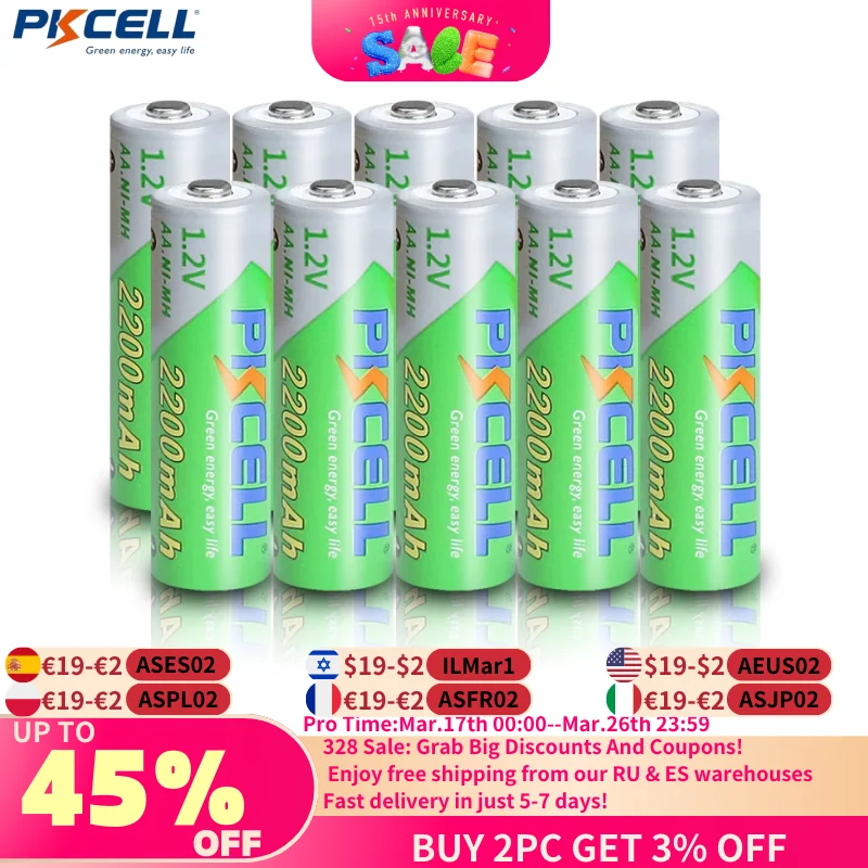 10PCS PKCELL AA 2200MAH battery 1.2V NIMH aa Rechargeable Batteries 2A precharge LSD Batteries Ni-MH for Camera toys