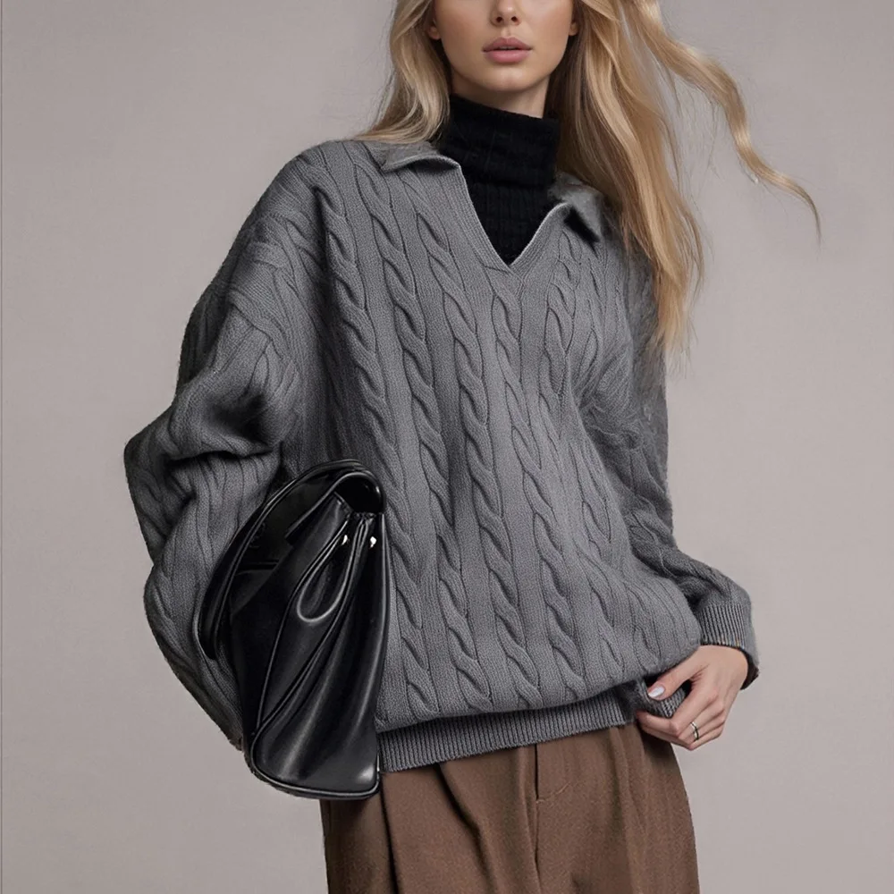 

Женские пуловеры, свитера с воротником-поло, джемперы с длинными рукавами Y2k, уличная одежда, однотонная, элегантная, вязаная, повседневная, свободная, для работы, осень-зима 2025