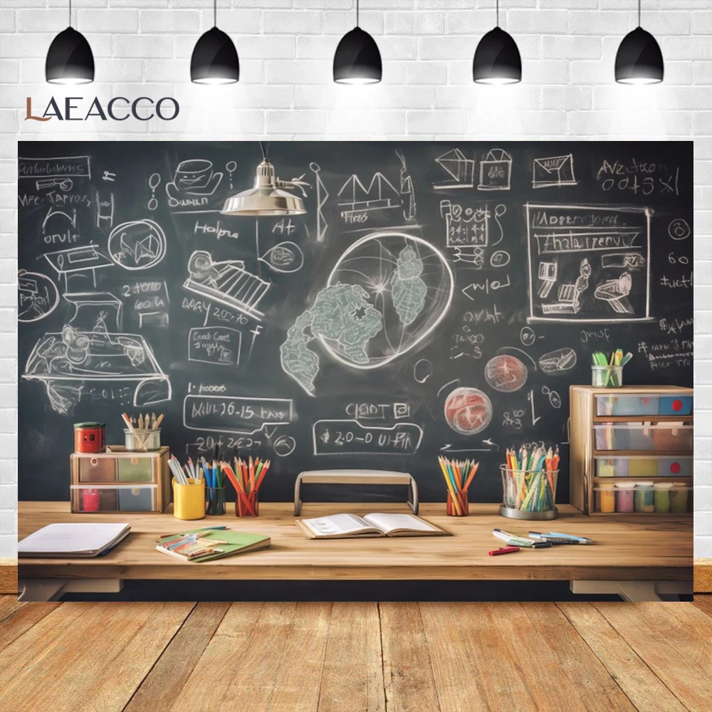 Laeacco Bookshelf Globe Study Desk Background Teacher Chalk Chalkboard Library Student Graduation Background Photo Studio Props