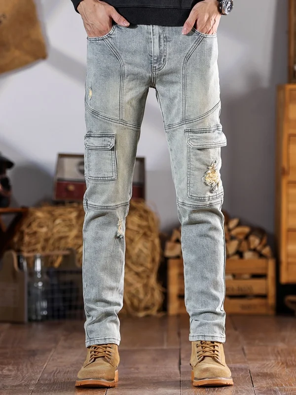 

High-End Retro Workwear Patchwork Motorcycle Jeans Men's Spring Autumn High Street Slim Fit Cuffed Long Pants Cotton Stretch