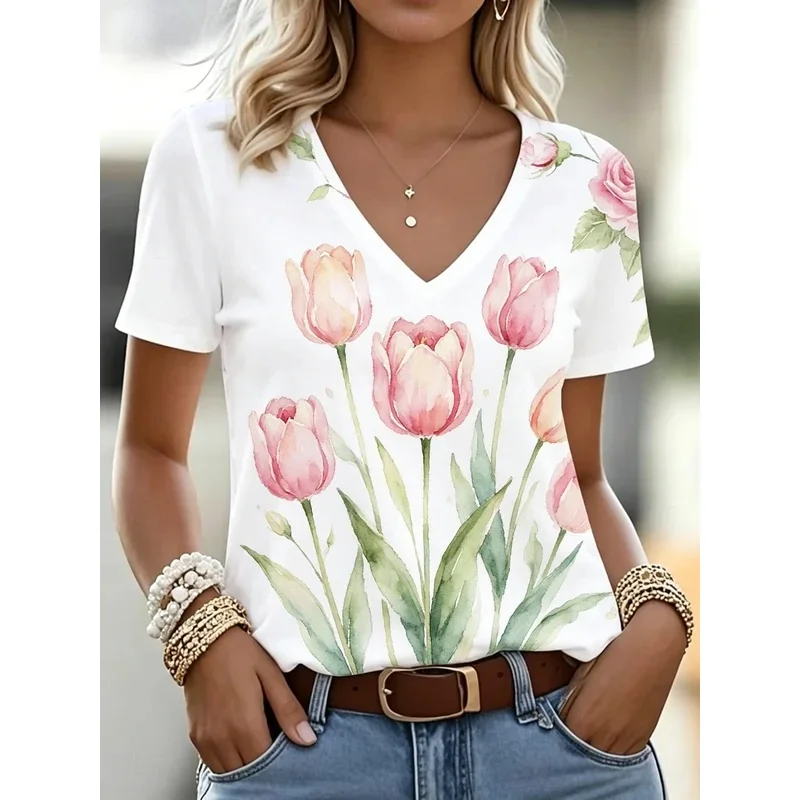 V-neck T-shirt with a watercolor tulip print for women, casual short-sleeved tops, fresh floral daily wear.