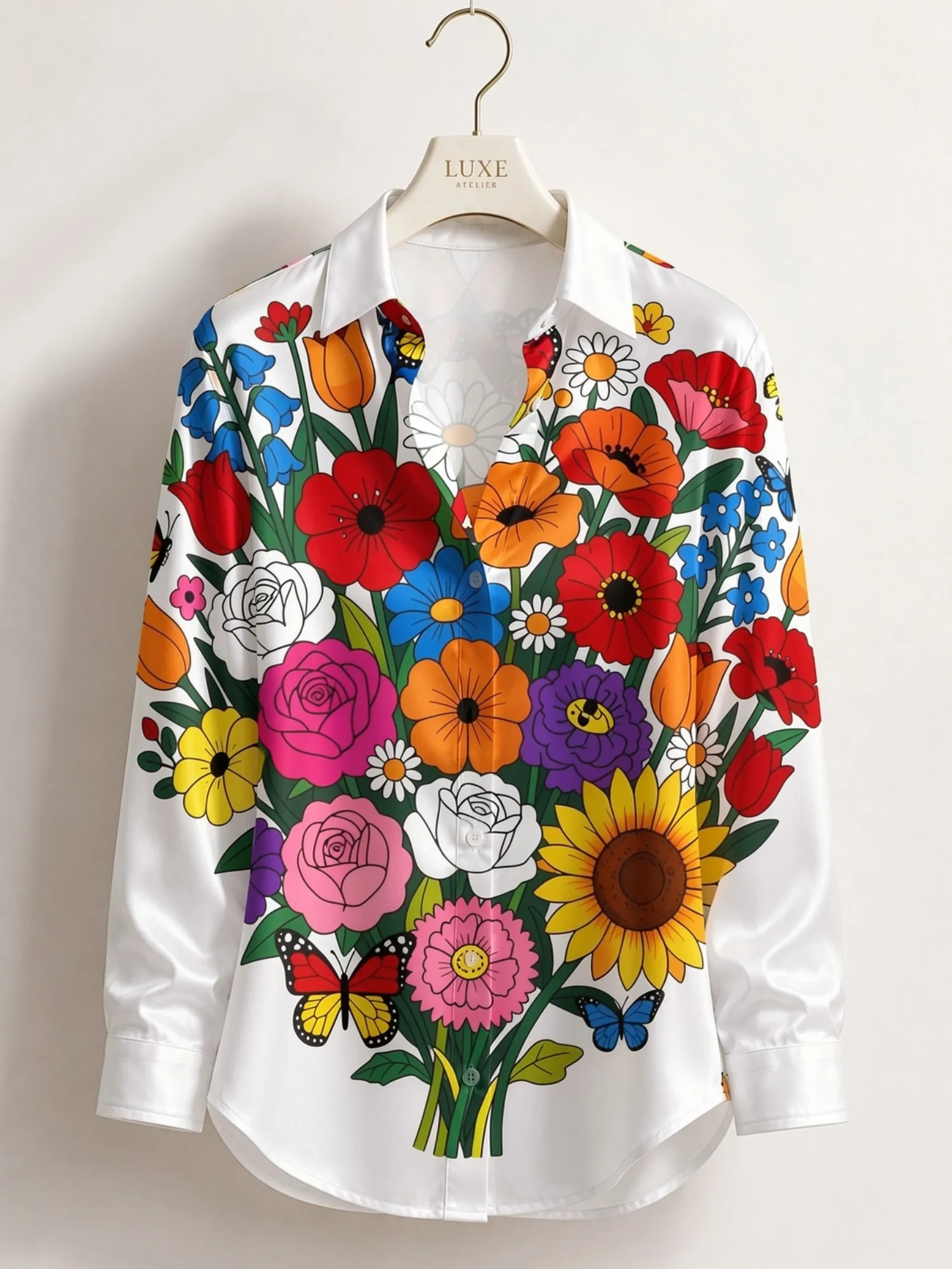White Rainbow Floral Bouquet Satin Blouse for Women Long Sleeve Button Down Shirt Garden Party Elegant Silky Fashion Top Stylish