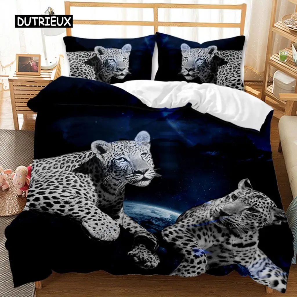 Leopard Duvet Cover Set Microfiber Cheetah African Animals Bedding Set Outer Space Pattern For Boys Men Double Queen King Size