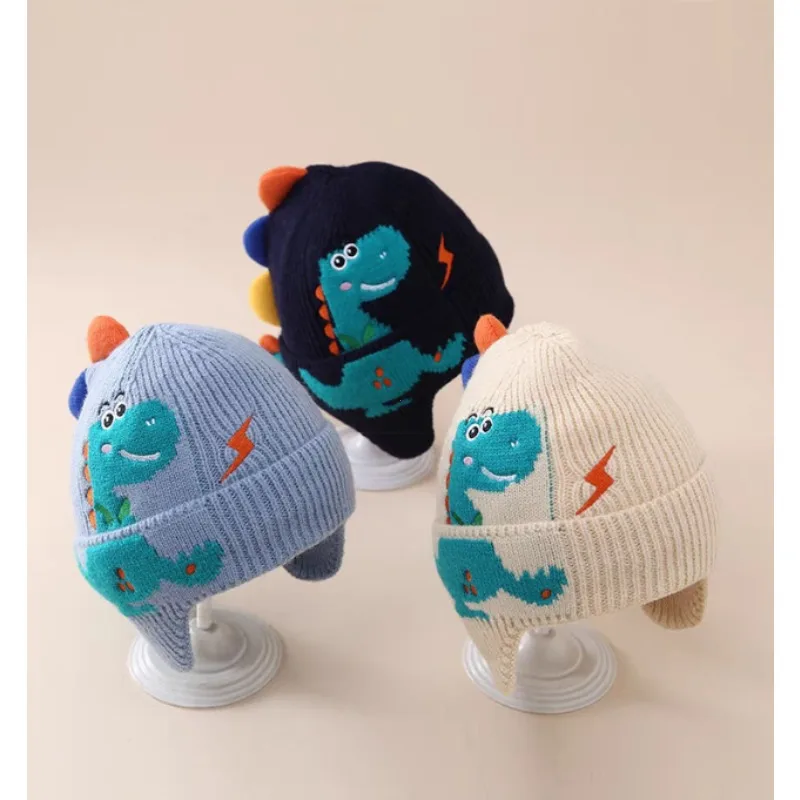 

Winter Warm Baby Ear Protection Hat 3D Dinosaur Kids Earmuffs Cap Cartoon Toddler Woolen Knitted Hats 2-6 Years Children Beanies