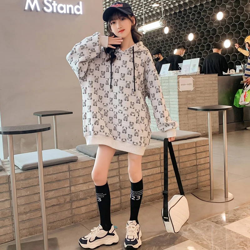 Cartoon Bear Children's Plus Size Long Sleeve Sweater New Luxury Design Girls Dress With Hood Collar Recommended By Bloggers