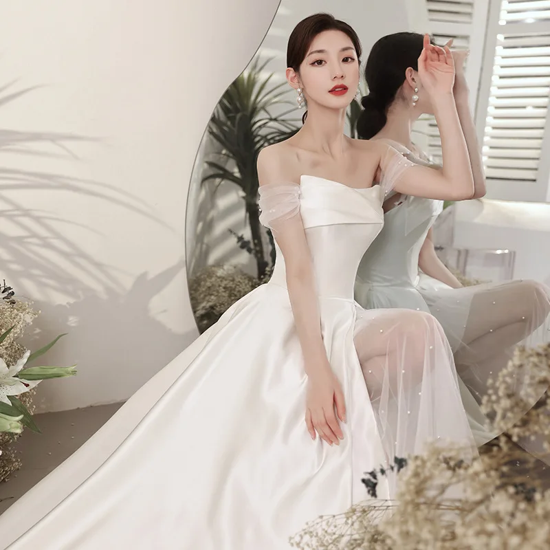 2023 abito da sera con spalle scoperte da donna perle di raso Tulle Split a-line abito da ballo elegante abito da sposa lungo fino al pavimento bianco