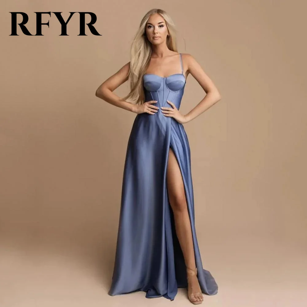 

RFYR Dusty Blue Prom Dress Lace Up Satin Evening Dresses Beach Sweetheart Spaghetti Straps Party Dress Side Split فساتين السهرة