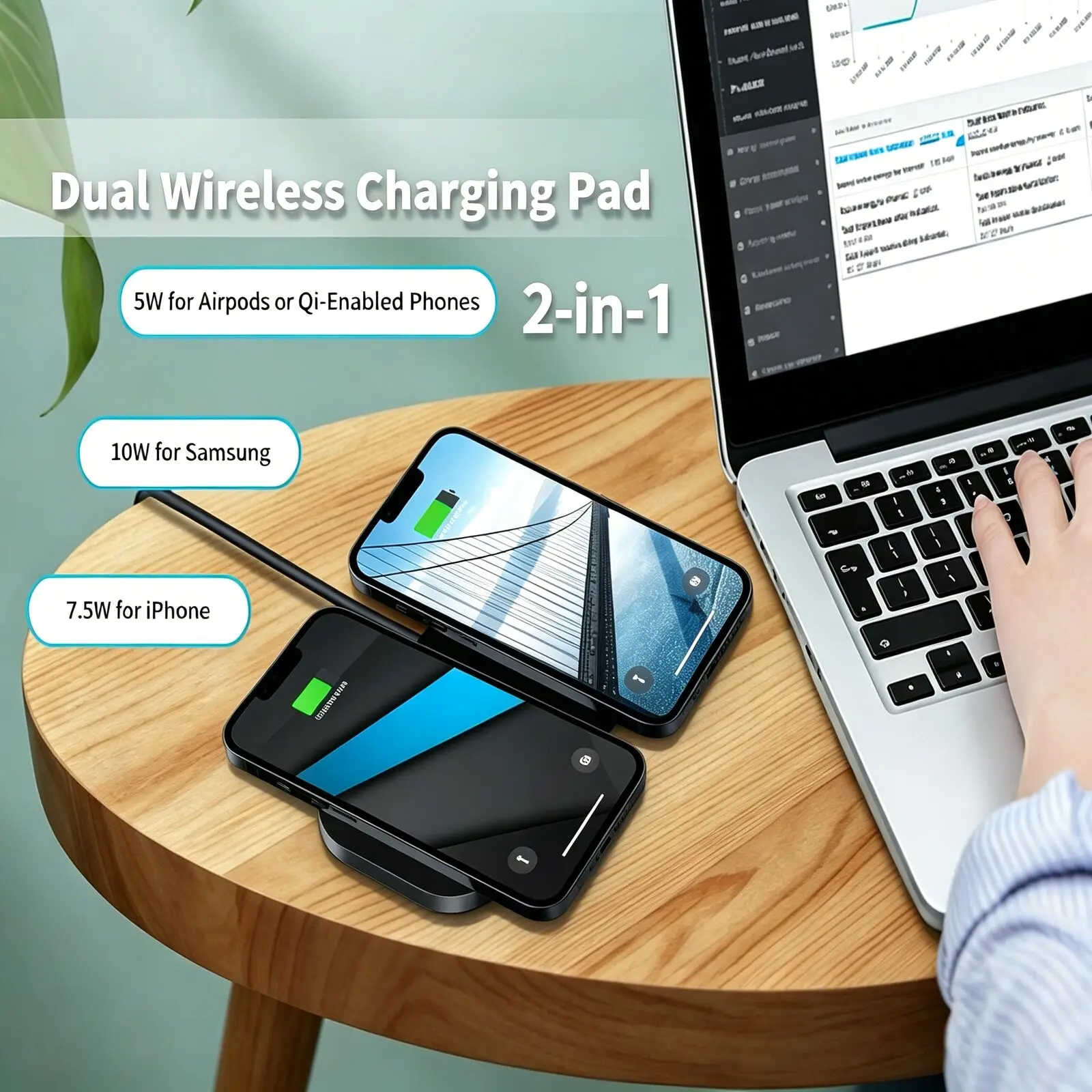18w-デュアルワイヤレス充電パッド-急速充電ステーション-プロ仕様の安全保護機能付き-ポータブル-アダプター付き-スマートフォン-スマートウォッチ-airpods対応