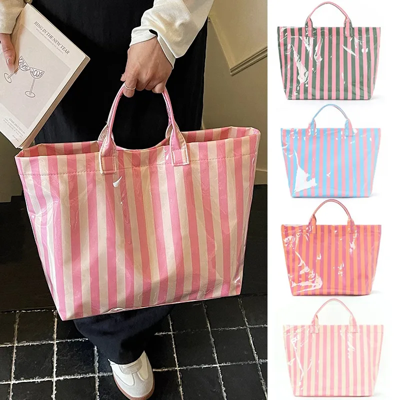 Waterproof Travel Handbag Striped Design Large Capacity Hand Luggage Shoulder Bag Foldable Travel Storage Suitcase Accessories