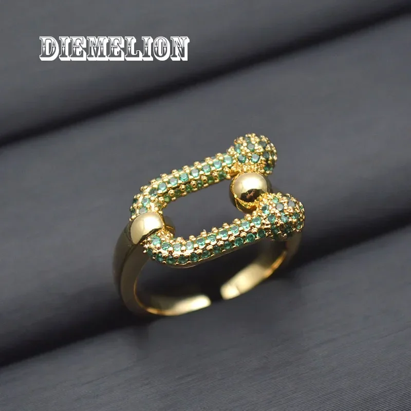 تصميم جديد 18K مطلية بالذهب على شكل حرف U حدوة الحصان قوس قزح مكعب زركونيا قابل للتعديل خواتم للمرأة الفتيات مجوهرات الأزياء الكورية