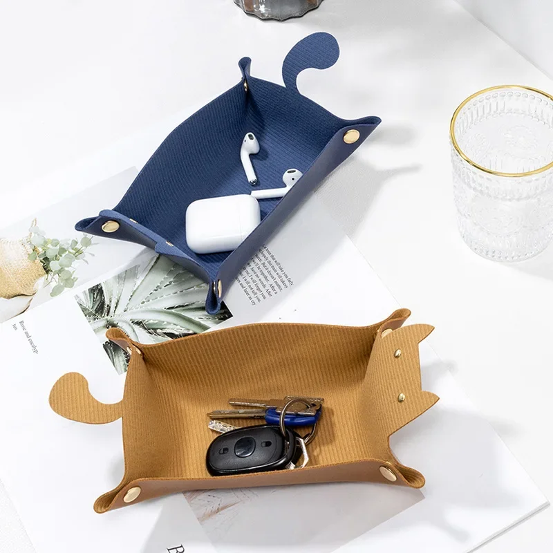 Cute Cat Shape Leather Storage Tray Dice Box Coin Desktop Jewelry Box Makeup Key Tray DIY Household Folding Tray Storage Case