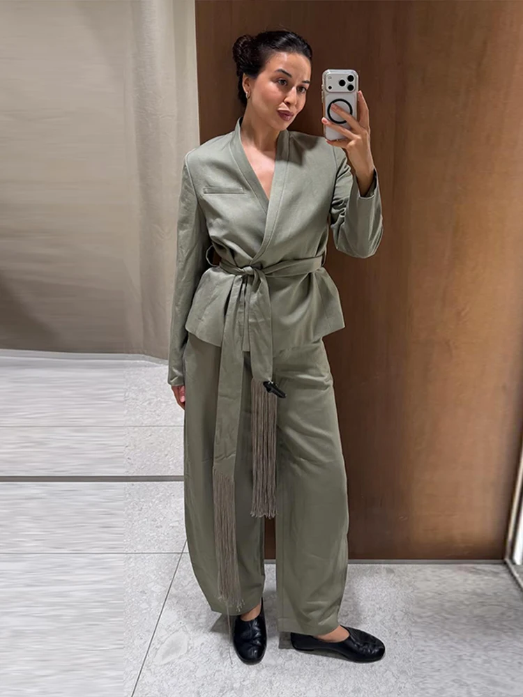 Quastenbesetzte Y-Ausschnitt-Mäntel für Damen, sexy V-Ausschnitt, seitliche Knopfleiste, lange Ärmel, Schnürung, einfarbig, schlanke Jacken, schicke Büro-Outfits, neue Oberbekleidung – Detail 3