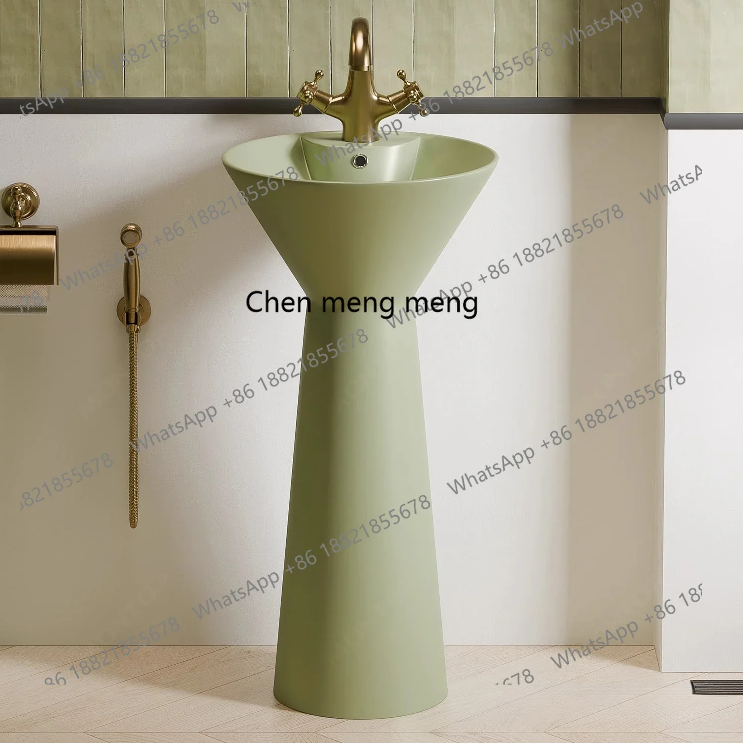 X  Retro green integrated floor-to-ceiling ceramic column basin small apartment bathroom hand washing, washbasin