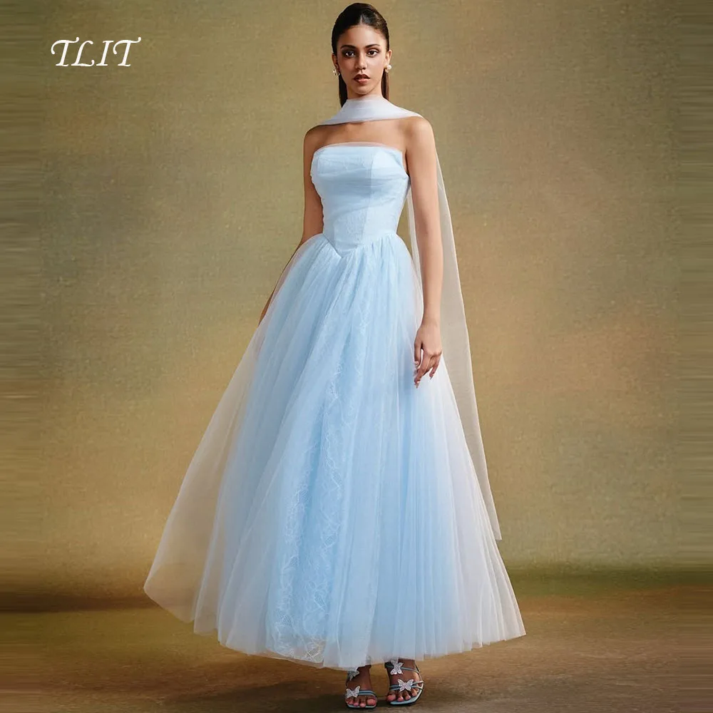 

TLIT Elegant Sky Blue Lace Evening Dress Strapless Prom Gown Shawl Customized Party Dresses Customized vestidos de fiesta