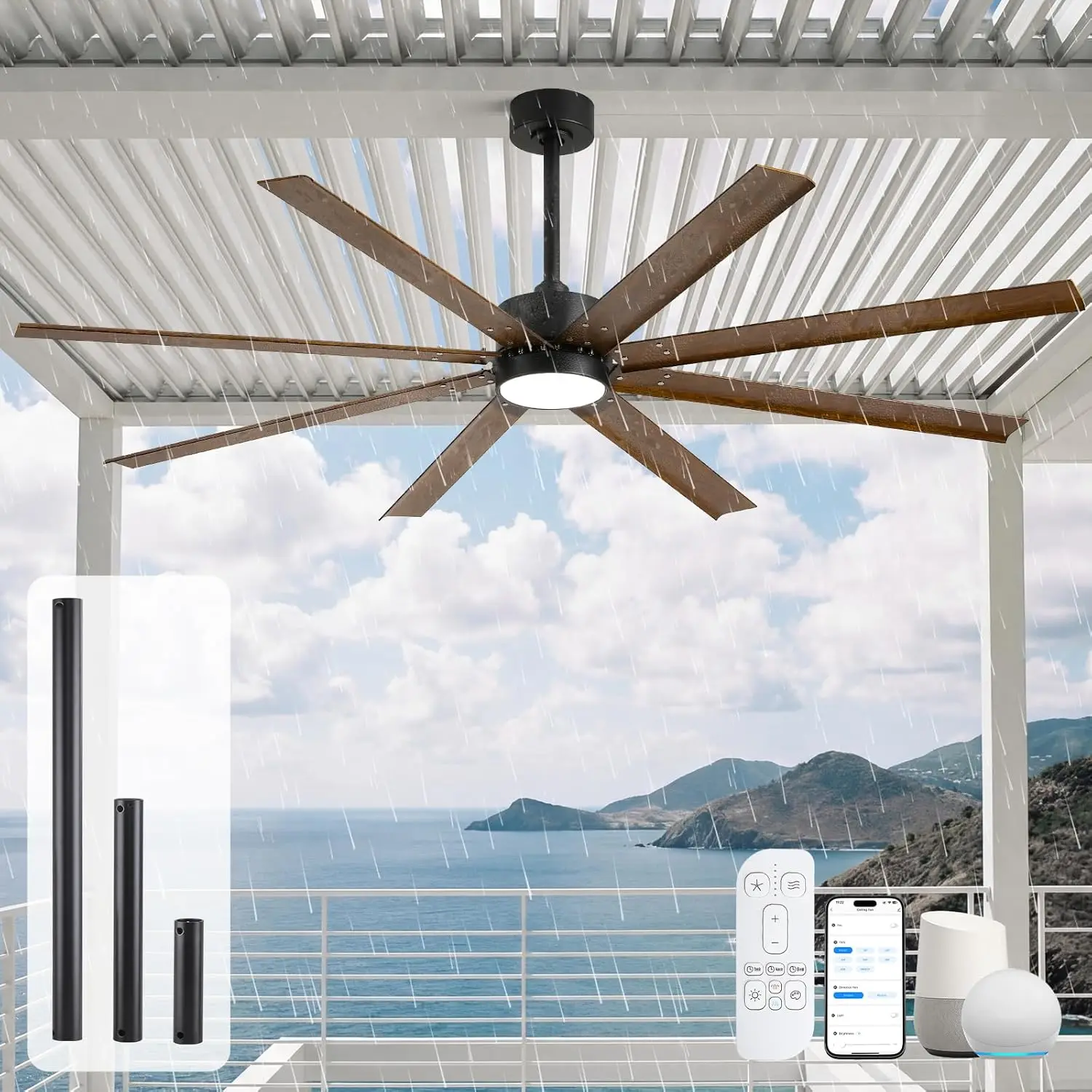 

Smart Outdoor Ceiling Fan with Light, 72-Inch All-Weather Wet-Rated Waterproof, Alexa/App/Remote Controlled, 8 Rustic Aluminum Blades, Quiet DC Motor 9503 CFM, ETL Listed, for Patios.