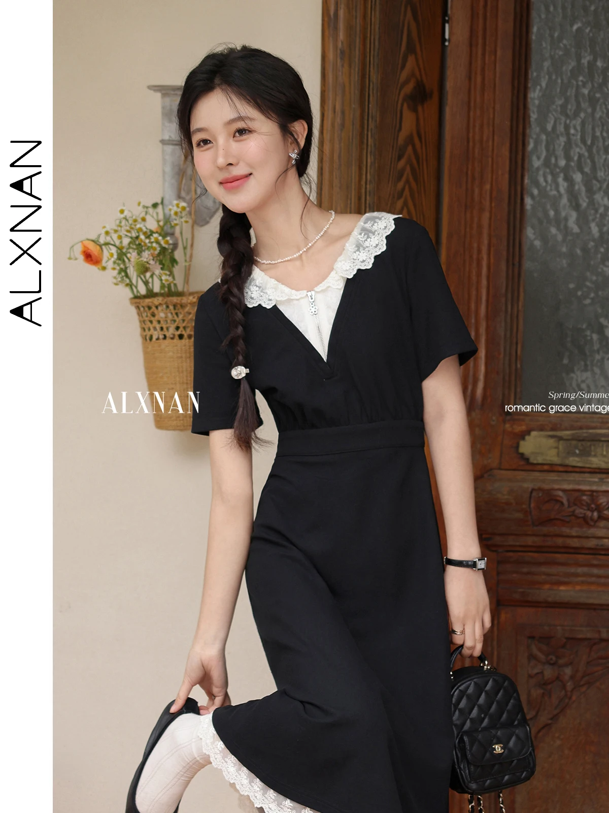 ALXNAN Plus Size Damen Schwarzes Kleid Langes elegantes Spitzen-Patchwork-Midikleid 2025, Sommerurlaub, Baumwolle, Damenbekleidung D10173