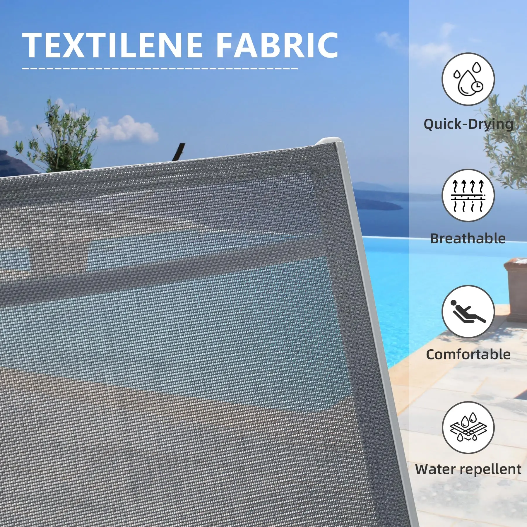 مجموعة كراسي استلقاء للتشمس مكونة من 3 قطع من الألومنيوم قابلة للتعديل في الهواء الطلق وطاولة جانبية معدنية لجميع الأحوال الجوية بجانب حمام السباحة في الفناء الخلفي