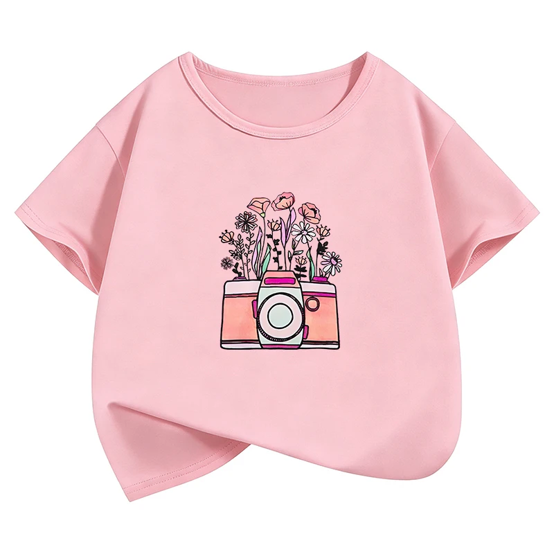 Summer Spring Vintage Camera with Flowers T Shirts Funny Retro Kids Children's T-shirt Boys Girls Casual Top Tee