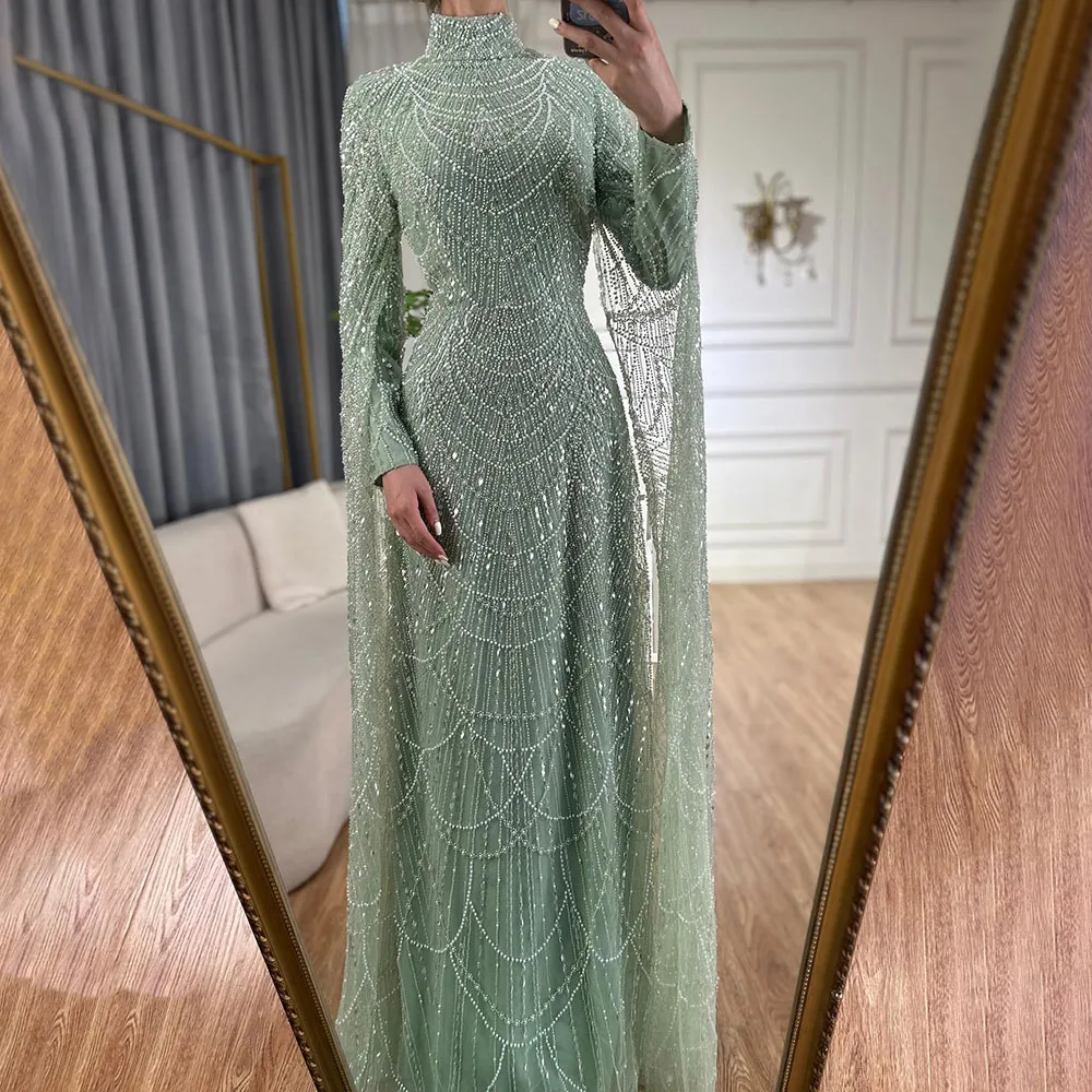 Serene Hill 2025 Muslim Nude Mermaid Cape Sleeves Luxury Evening Gown  Pearls Beaded Dress for Women's Party Customize BLA72591 - AliExpress 320