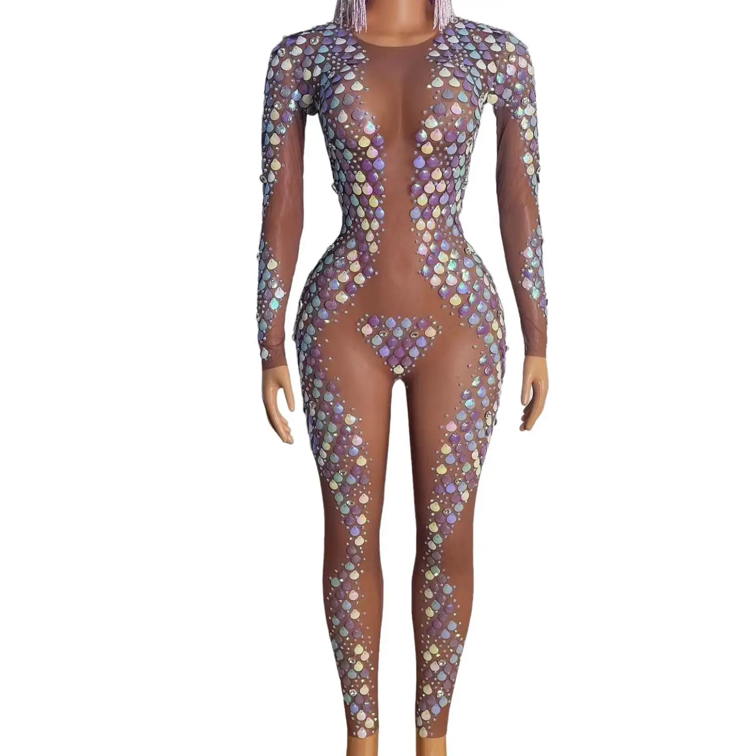 Macacão de Manga Longa em Tule Transparente com Cristais Multicoloridos Caibei, Luxuoso, para Festivais de Música e Festas