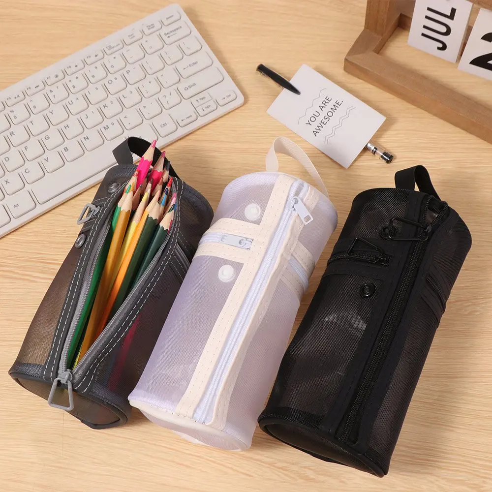 Sac de rangement Simple pour pinceaux de maquillage, sac porte-stylo en maille verticale Portable, organisateur de rangement de papeterie à fermeture éclair debout