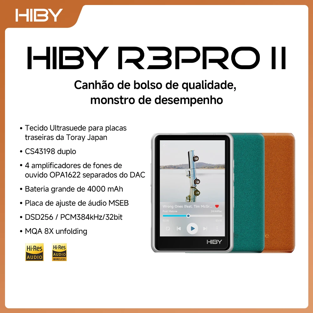HiBy R3 Pro II / Gen 2 Reprodutor de Música HiFi MP3 USB DAC Amplificador de Fone de Ouvido CS43198*2 OPA1622*4 4000mAh 480mW Saída DSD256 MQA 8X PD2.0