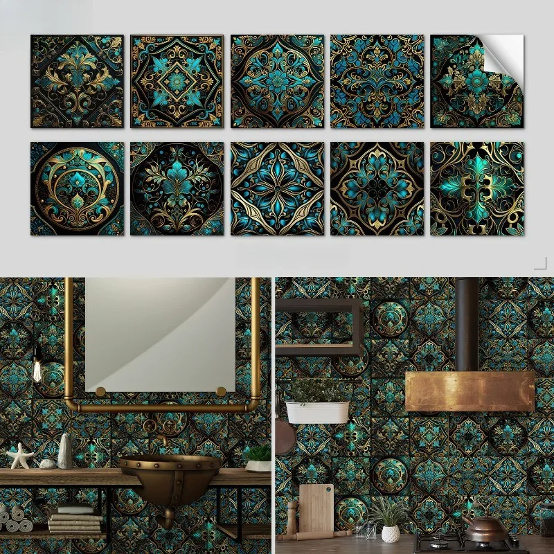 Vintage Mandala Motif Tile Decals Removable Waterproof PVC Kitchen Wall Tiles Self Adhesive Floor Sticker for Home Renovation
