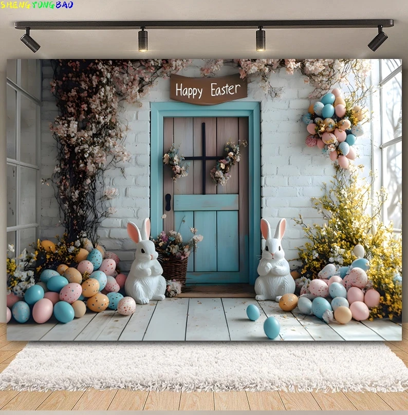 

Happy Easter Photography Backdrop Rabbits Color Easter Eggs Garden Wood Door Kids Portrait Background Decor Photo Studio Props