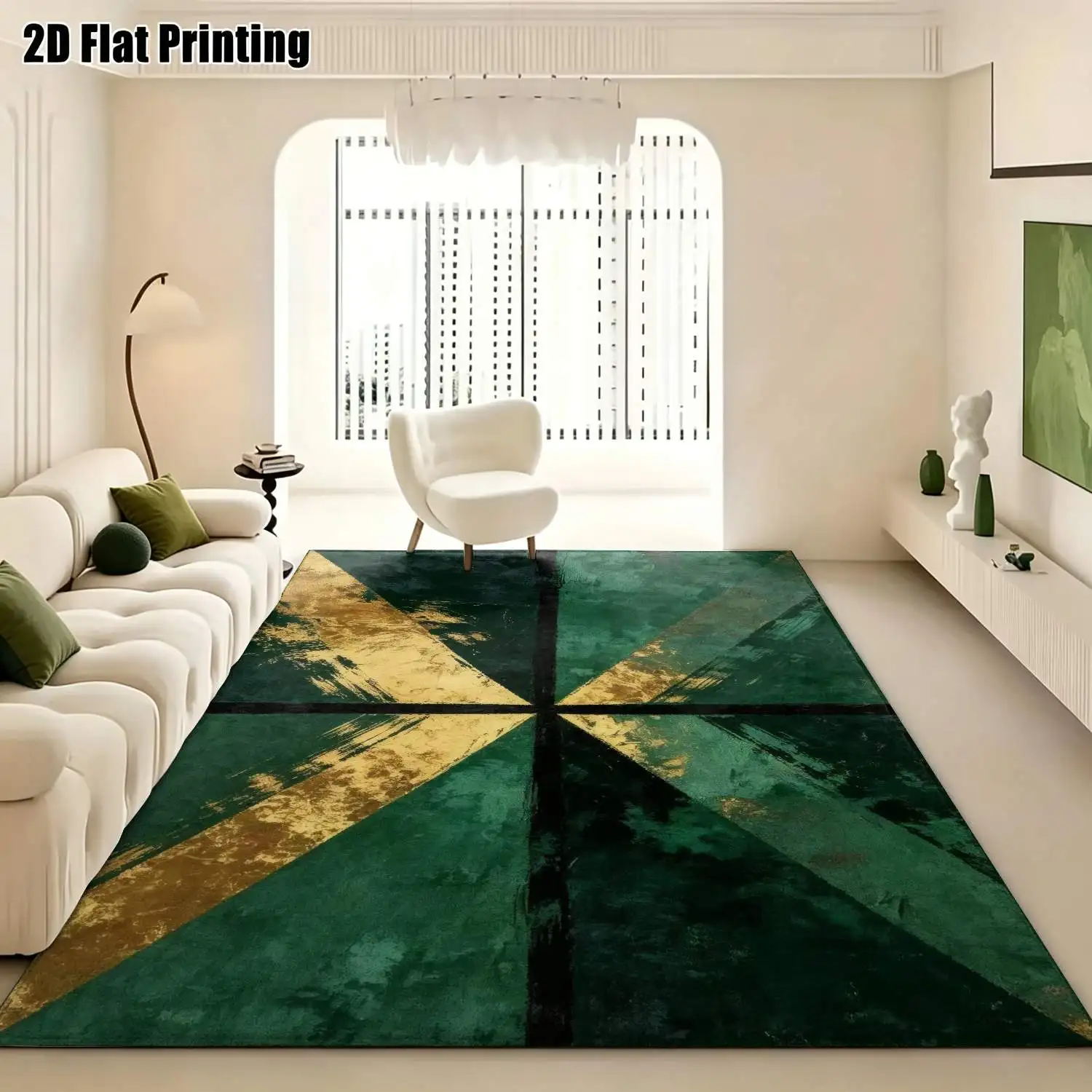 1Pc 2D Printed Carpet: Deep Green & Gold Geometric Pattern, Modern Vintage European Style, Machine Washable, Multi-Size, for Home Decor Including Entryway, Living Room, Dining Room, Bedroom, Study