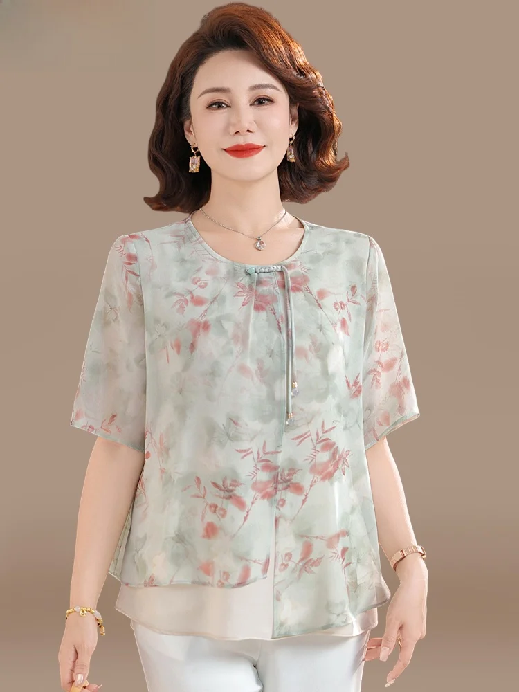 

Новый китайский комплект: шифоновый топ с цветочным принтом и свободная футболка для женщин среднего возраста, летний наряд