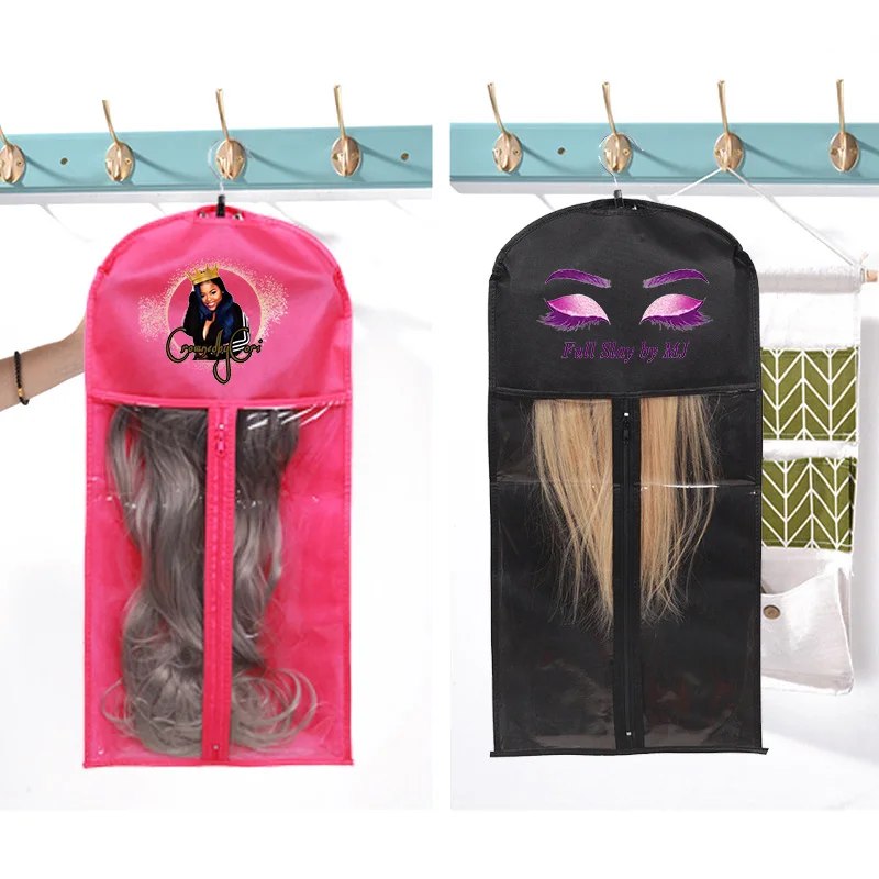 Custom Logo 50Pcs Wooden Wig Hanger And Wig Storage Bag For Hairpieces Wigs Bundles Storage Carrier Case Hair Extension Holder