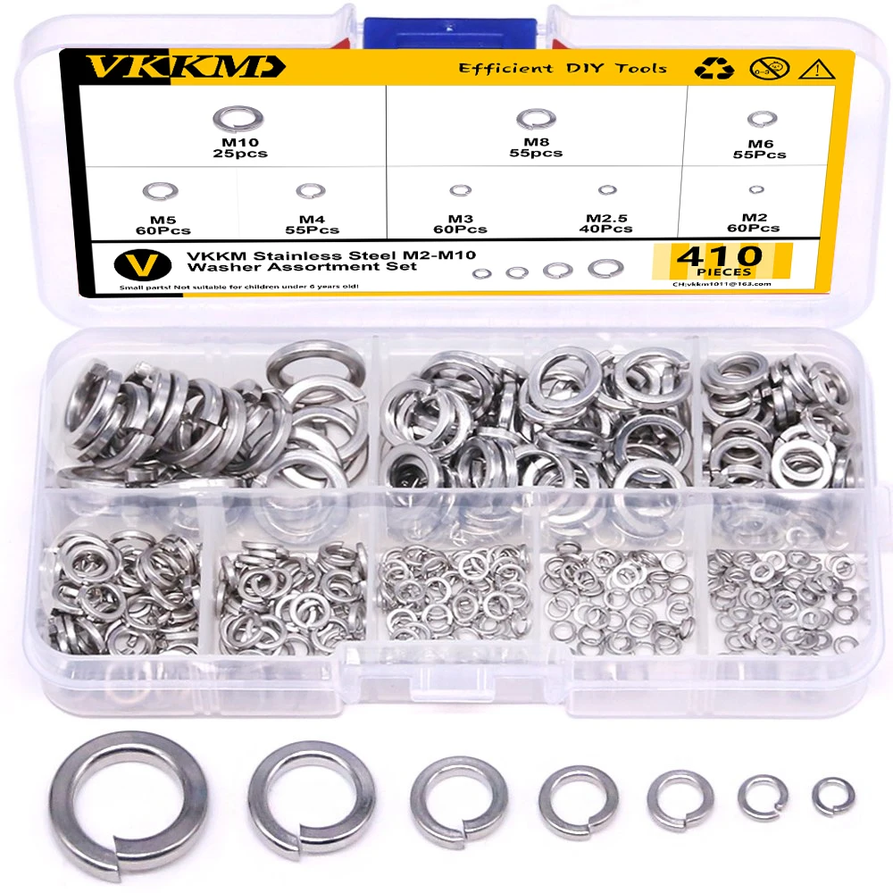 410pcs 304 Stainless Steel Flat Washers, Lock Washers and Spring Washers Combination Set in a Box, with Specifications of M2-M10