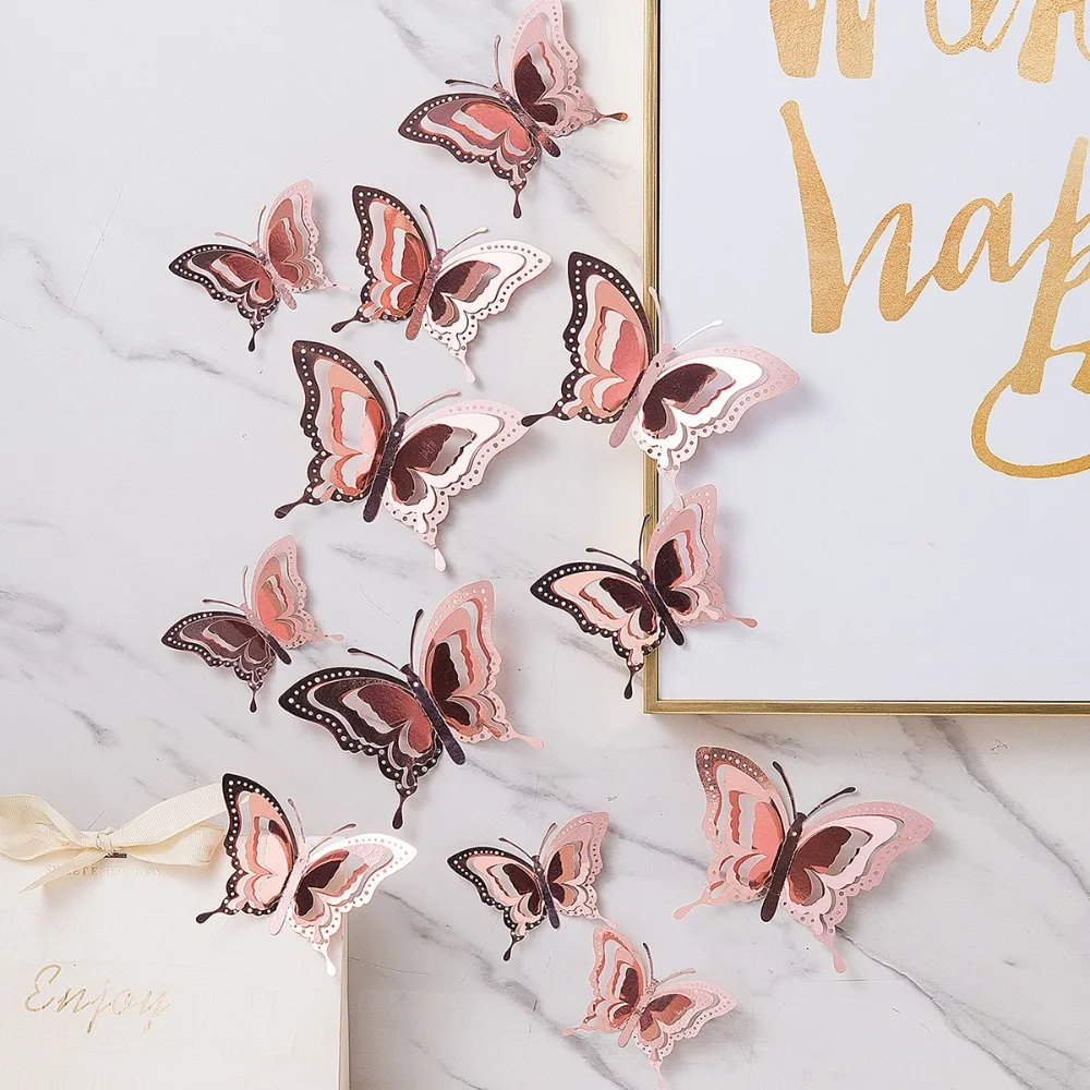 12pcs New 3D Butterfly Wall Stickers Self Adhesive Hollow Butterfly Butterfly Wallpaper DIY Decal Festival Decoration