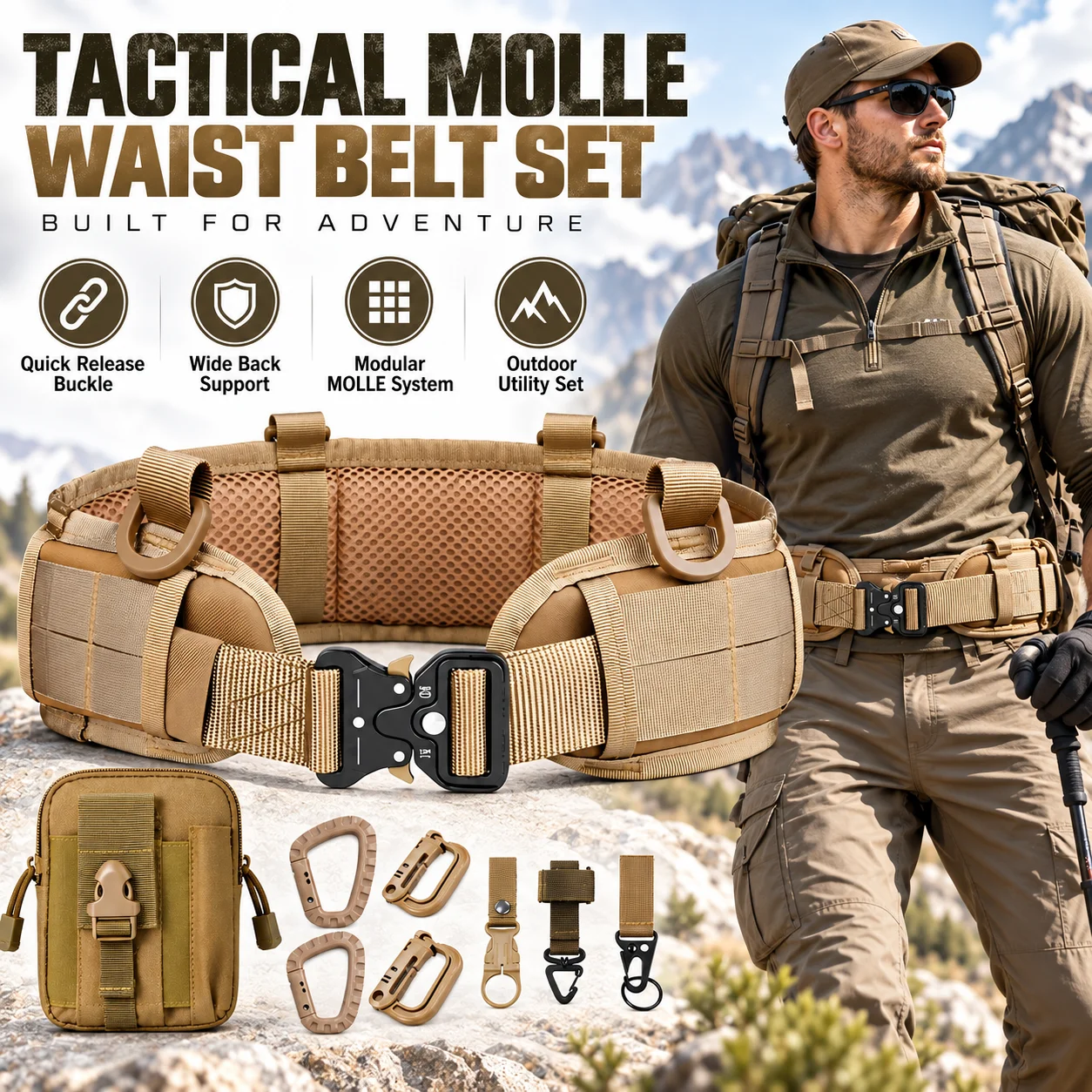Adjustable Tactical MOLLE Waist Belt Padded Support with Quick Release Buckle Utility Pouch Set for Hiking Camping Outdoor Work