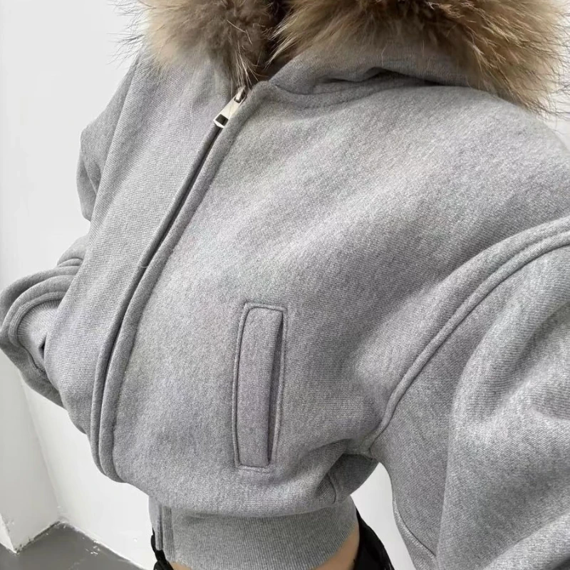Deeptown Gray Fur Collar Zipper Hoodies Women Vintage Harajuku Crop Hooded Sweatshirt Korean Style Fashion High Street Hoodies