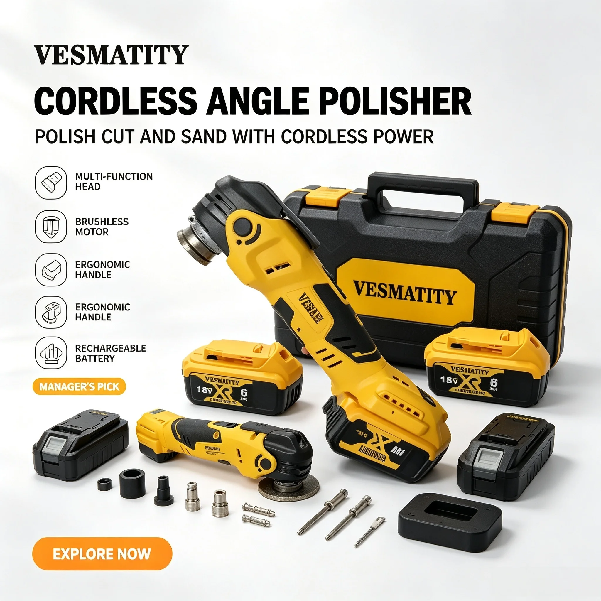 Angle Polisher Grinder VESMATITY Brushless Cordless Variable Speed 100mm for Metal Stone Polishing Grinding for 20V Battery