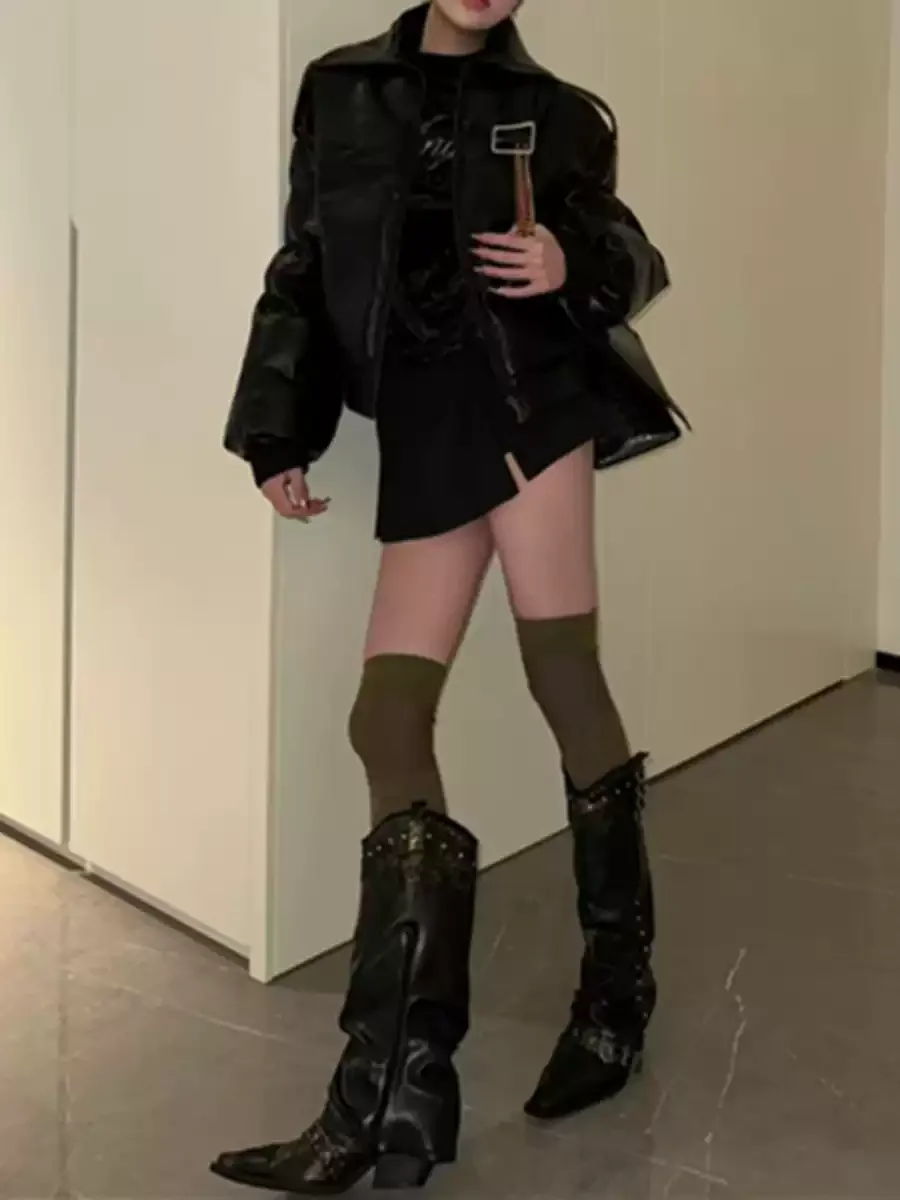 New Autumn/Winter Women's Black Chunky Heel Rivet Buckle Side Zipper Patchwork Western Boots Square Toe Trendy Street Long Boots 3
