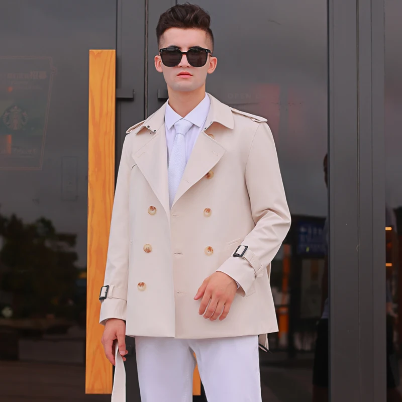 Short windbreaker men's length double breasted Beige British handsome trend thickened detachable down liner trench coat men