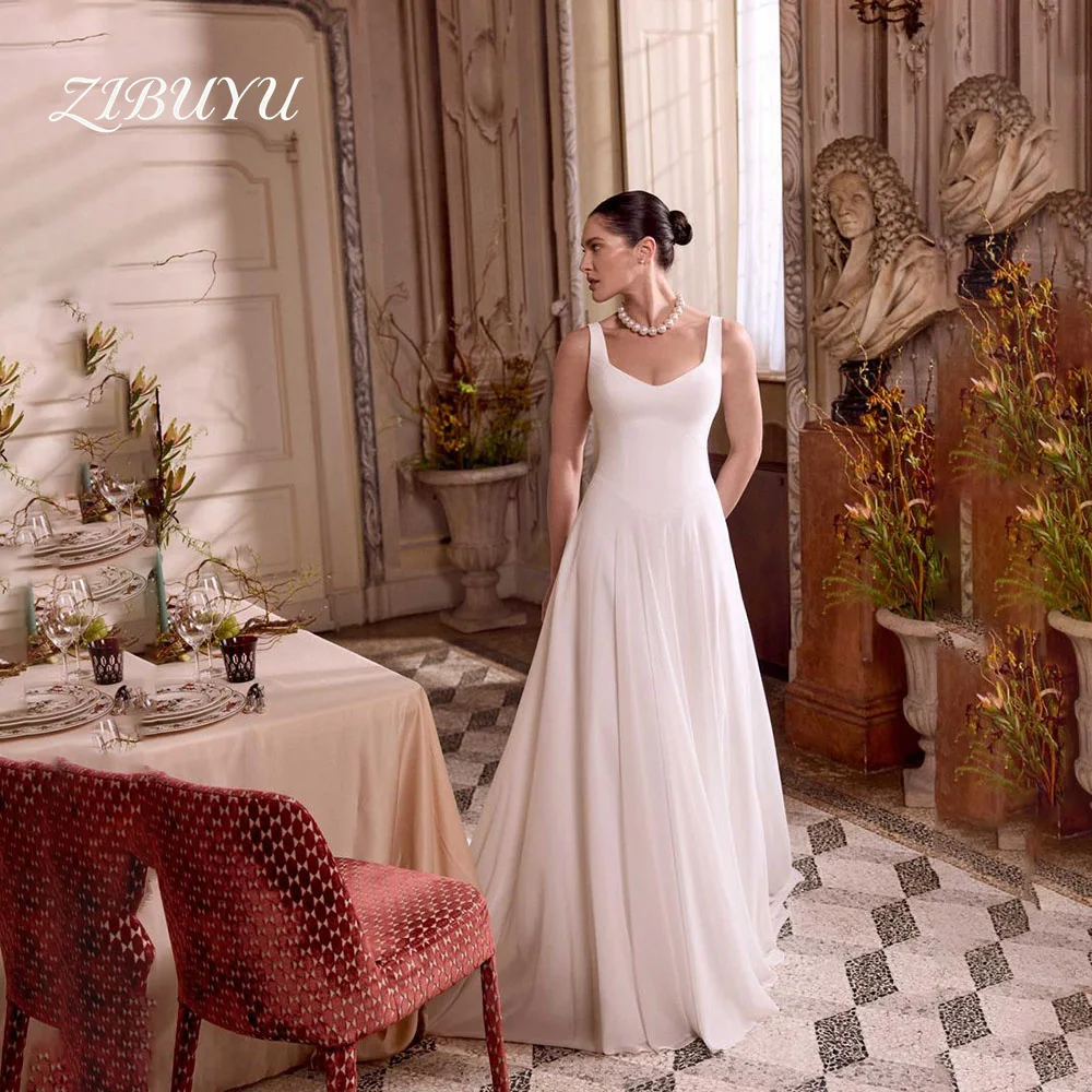 

ZIBUYU Customized Elegant Backless Wedding Dress Sleeveless V Neck Ruched Cross Wrap Bodice Pleated Chiffon A-Line Bridal Gowns