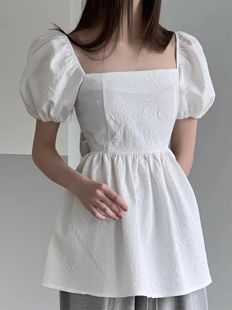 KUSAHIKI Korean Chic Summer French Niche Design Backless Bow Tie Sweet Puff Sleeve Shirt Top 2024 New Sweet Women Blouse