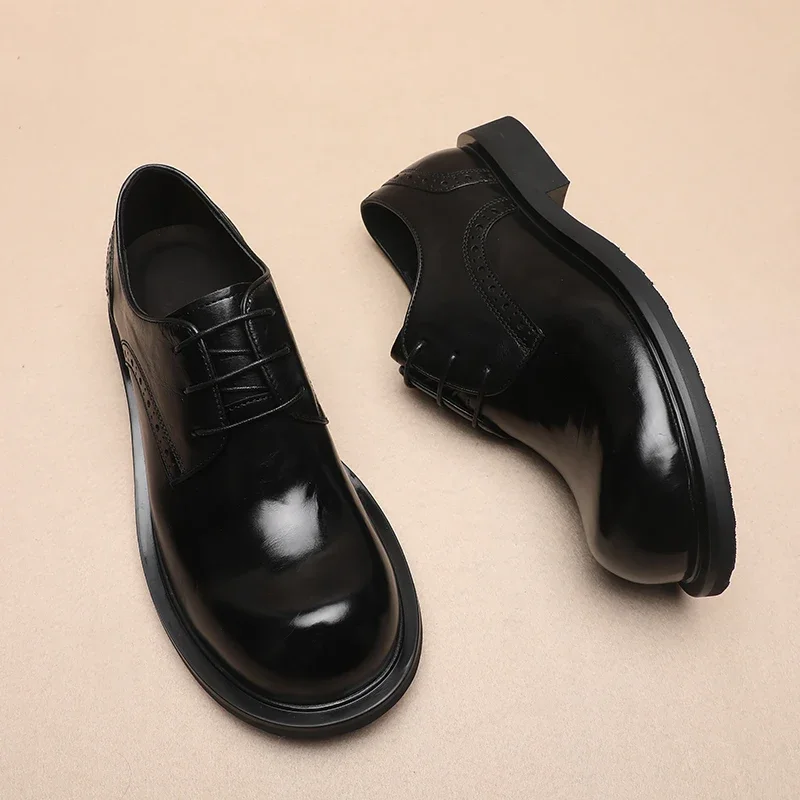 

2024 Spring And Autumn New Men's Formal Shoes Genuine Leather Thick Sole Lacing Round Head Casual Shoes