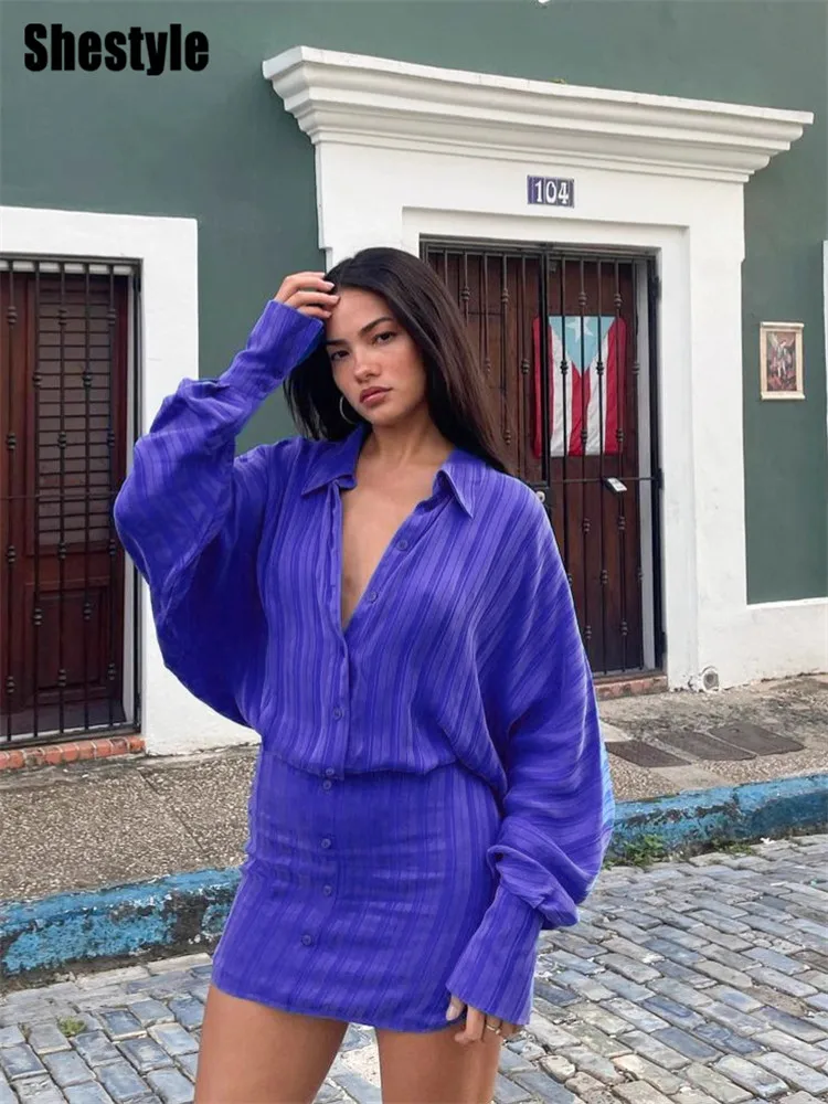 Shestyle Shirts Oversize Blue Striped Dresses Women Sheath Open Stitch Polo Collar Batwing Sleeve Fashion OL Outfit Office Lady