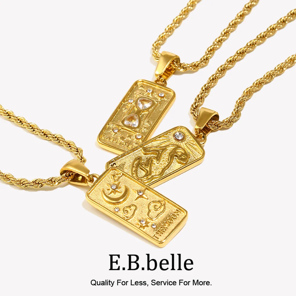 E.B.belle nouveaux bijoux significatifs cadeau colliers de Tarot magique en acier inoxydable placage PVD chaîne de corde étanche collier carré