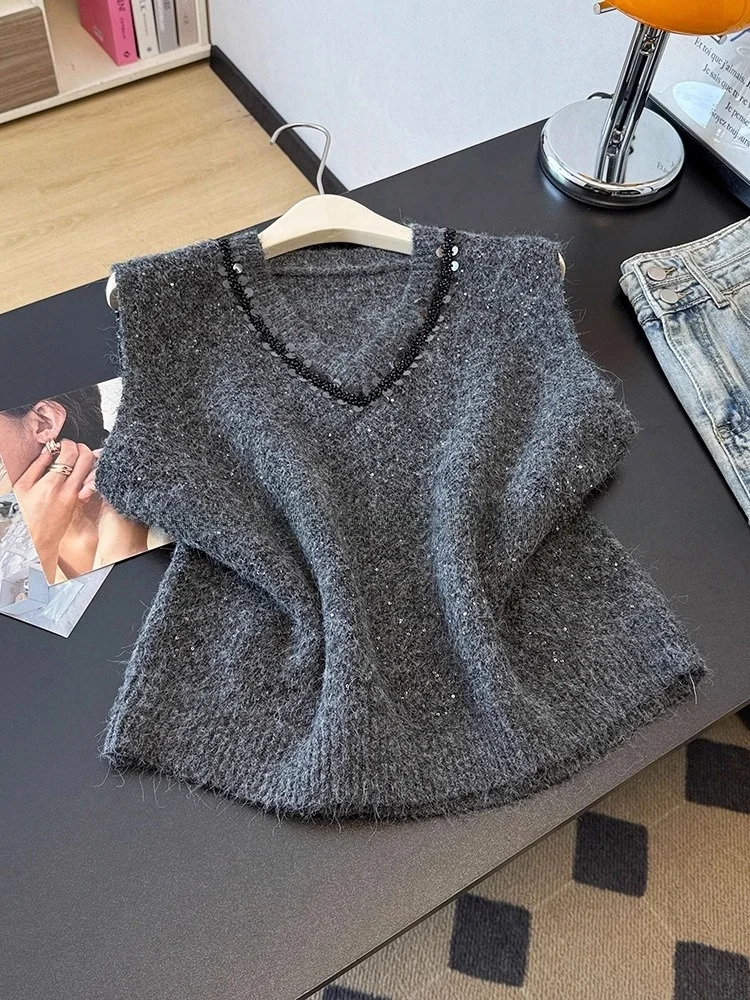 

Модный вязаный жилет женский с V-образным вырезом, тяжелой вышивкой и пайетками, для многослойного образа, осень-зима, новинка, стильный