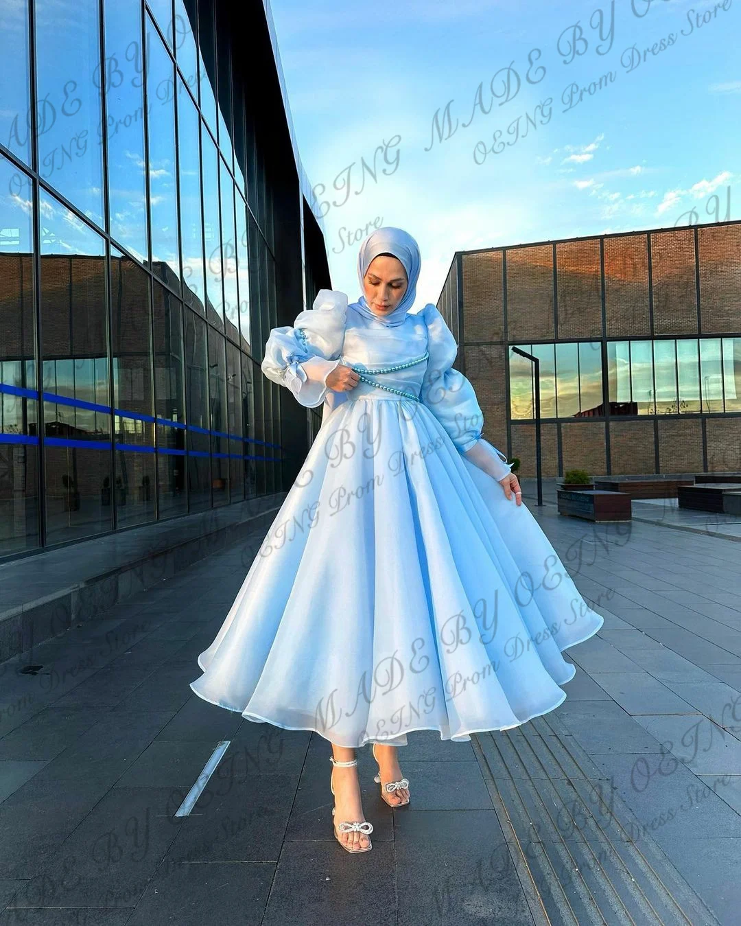 OEING Simple Sky Blue Organza Prom Evening Dresses Muslim Arabic Dubai Women Long Sleeves High Neck Formal Prom Party Gowns